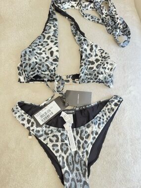 Dolce & Gabbana Metallic Silver and Black Leopard Bikini Set  Size: L